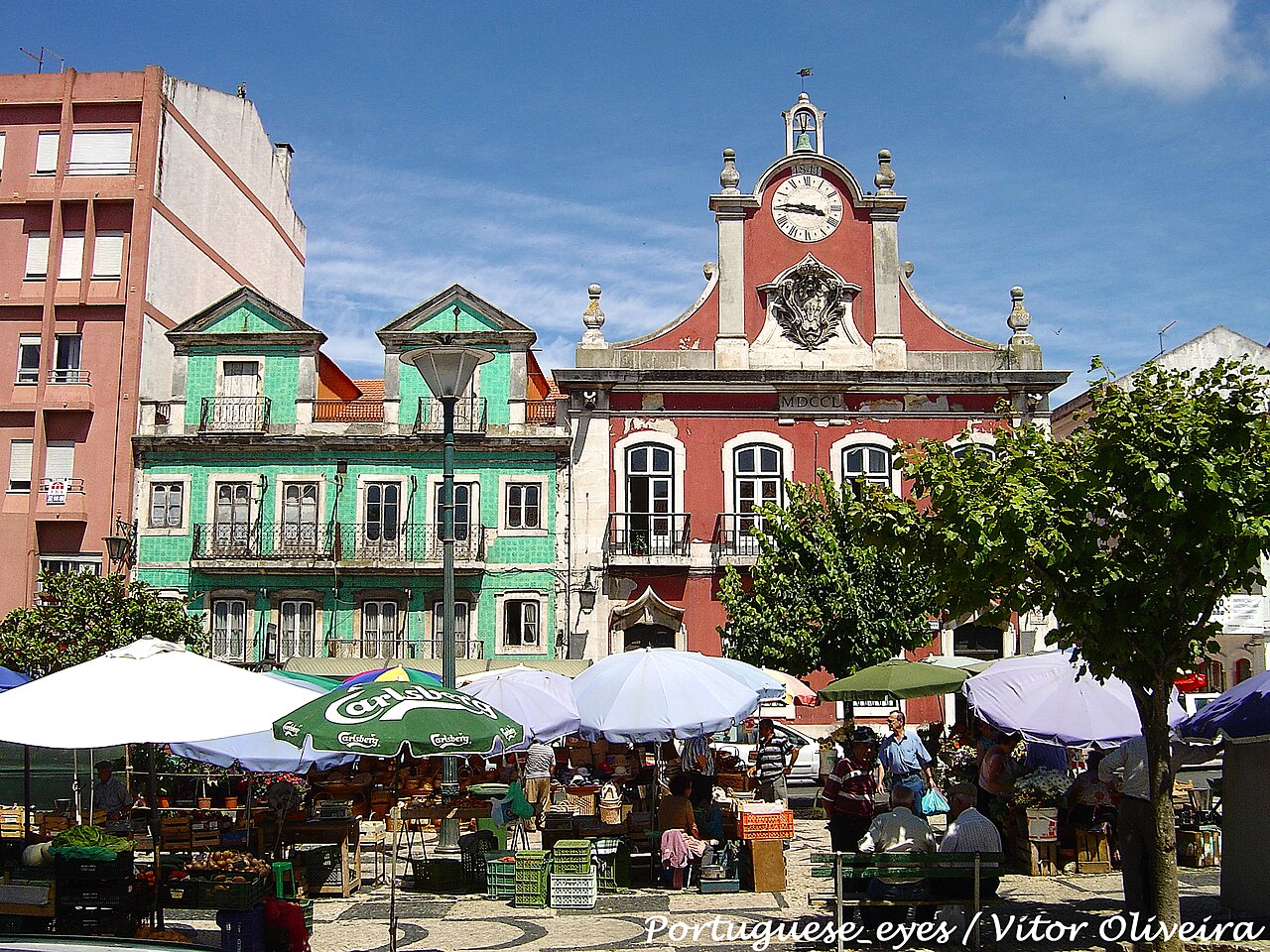 Market square and traditional buildings in Caldas da Rainha.
